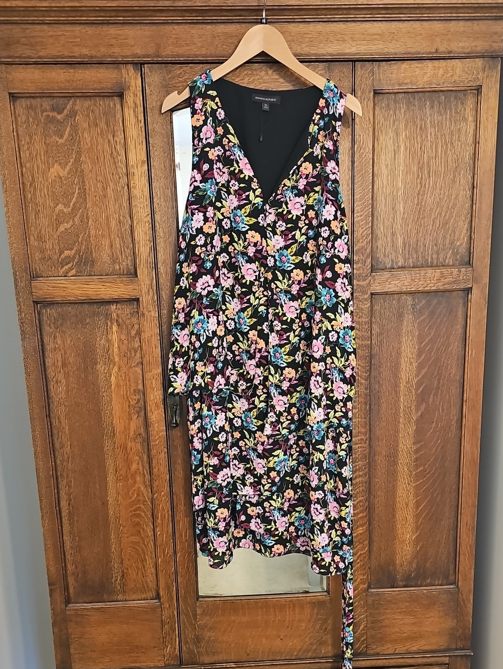 Banana Republic Black Floral Midi Dress with Pink & Blue Flowers